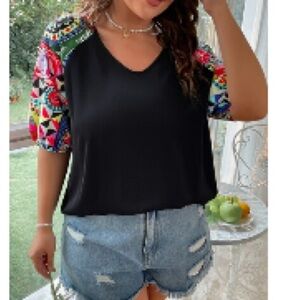 SHEIN Black Top with Multicolor Sleeves